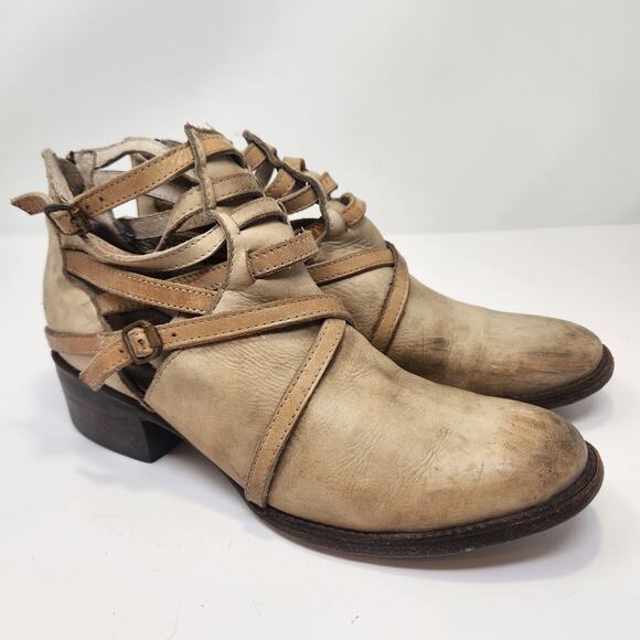 Freebird Women Stair Tan Leather Ankle Boots Booties Size 9M Distressed Strappy - Picture 1 of 9